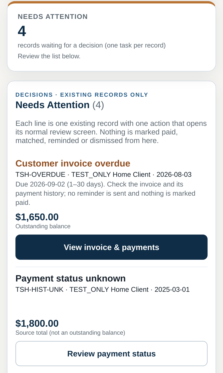 Tally Ridge private-preview Needs Attention list on a phone, showing fictional overdue and unknown-status records, each with one action button.