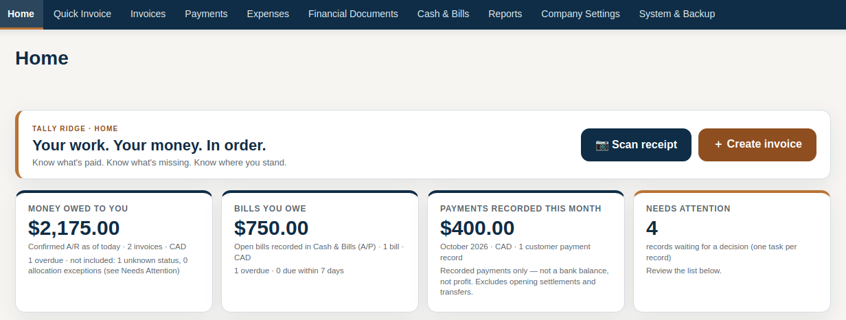 The Tally Ridge Home screen in the private preview: the product navigation, the home card with Scan receipt and Create invoice actions, and summary cards for money owed to you, bills you owe, payments recorded this month and needs attention, all showing fictional test data.